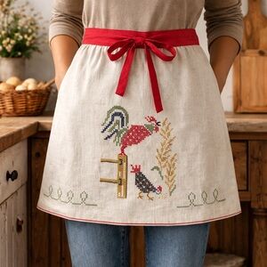 Vintage BUCILLA Heirloom Hostess Cross-stitched Linen Half Apron #11202510